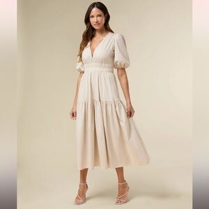 Puff sleeve v-neck poplin midi dress